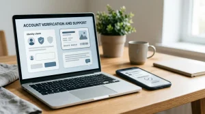 A laptop and smartphone showing generic account verification and support screens without personal information