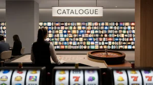 Slot reels, a live dealer table and a wall of generic game tiles in a casino library setting