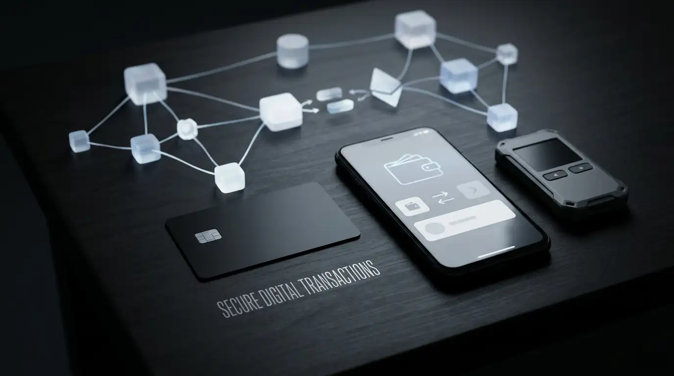 Payment cards, a mobile wallet and abstract crypto network nodes arranged on a dark desk.