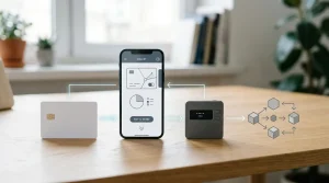 A consumer finance desk with a bank card, smartphone wallet and generic crypto transfer symbols