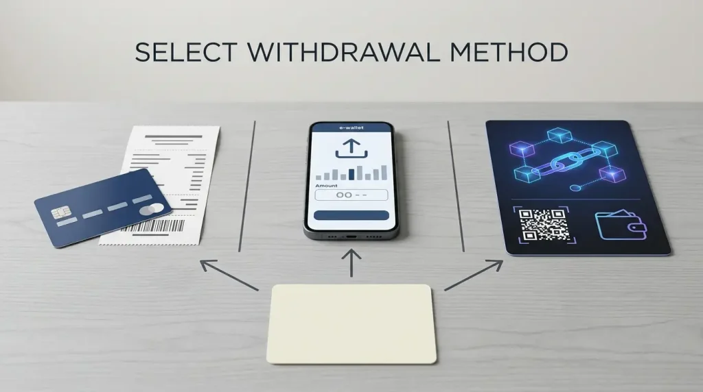 A withdrawal flow with a bank card, e-wallet and cryptocurrency transfer shown as separate payment paths