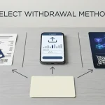 A withdrawal flow with a bank card, e-wallet and cryptocurrency transfer shown as separate payment paths